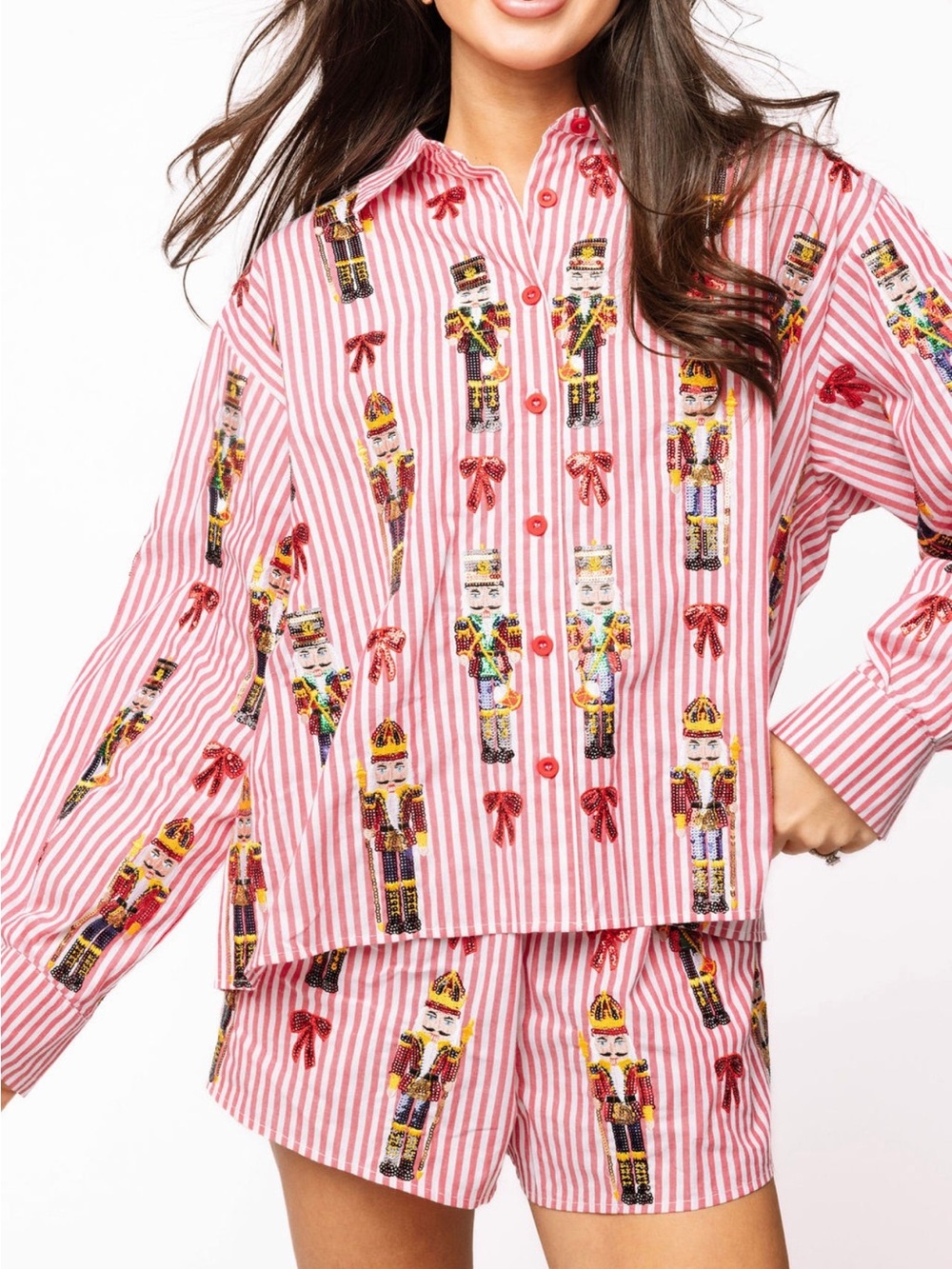 QUEEN OF SPARKLES Pink Striped Nutcracker Button-Down Top